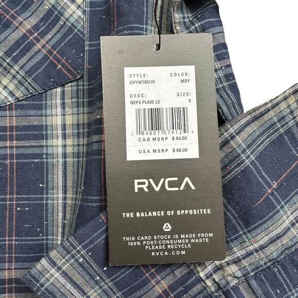 RVCA Blue Neps Plaid Long Sleeve Button Down Shirt Men’s Size Small NWT - Picture 5 of 7